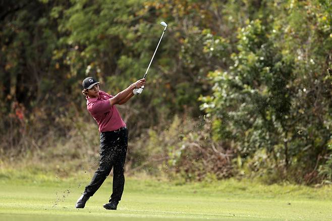 찰리 우즈가 지난해 12월 열린 PNC 챔피언십 2라운드 9번 홀에서 샷을 하고 있다. 게티이미지코리아