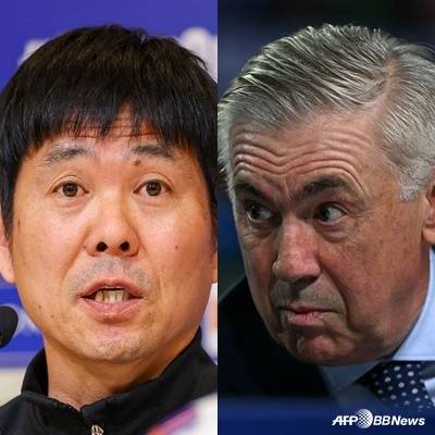 모리야스 하지메(왼쪽) 일본 대표팀 감독과 카를로 안첼로티 브라질 대표팀 감독. /AFPBBNews=뉴스1