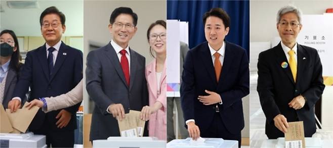 ▲ 제21대 대통령선거 사전투표 첫날인 29일 더불어민주당 이재명 후보가 서울 서대문구 신촌동 주민센터 사전투표소에서 청년들과(왼쪽부터), 국민의힘 김문수 후보가 인천 계양구 계양1동 주민센터에서 딸 김동주 씨와, 개혁신당 이준석 후보가 경기도 화성시 동탄9동 행정복지센터에서, 민주노동당 권영국 후보가 전남 여수시 주암마을회관에서 각각 사전투표를 하고 있다. /연합뉴스