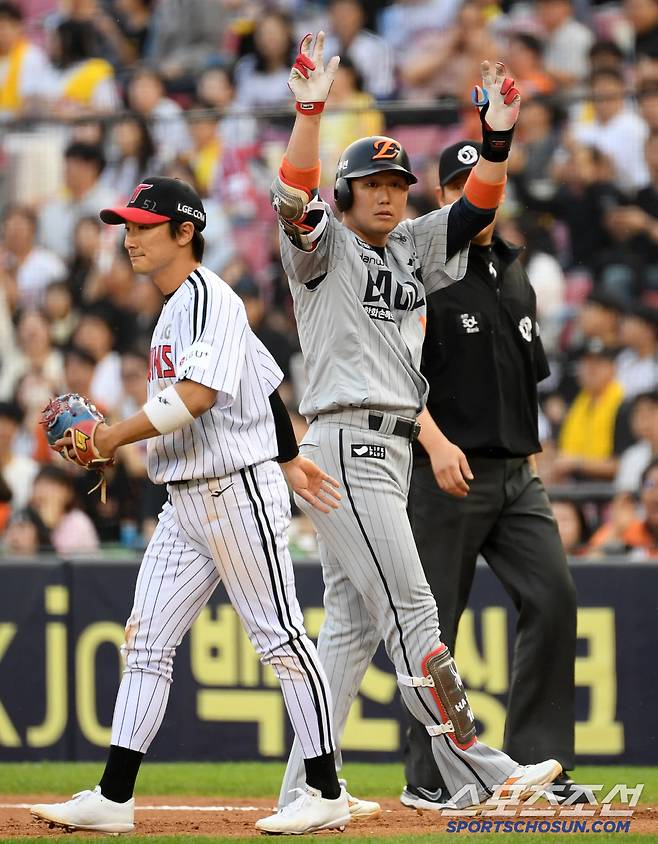 28일 잠실구장에서 열린 LG 트윈스와 한화 이글스의 경기. 3회초 2사 2루 한화 하주석이 적시타를 날린 뒤 환호하고 있다. 잠실=박재만 기자 pjm@sportschosun.com/2025.05.28/