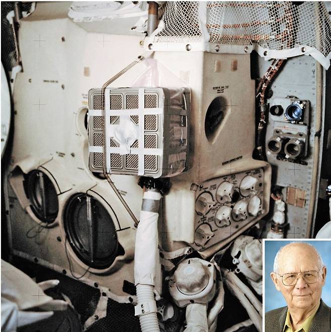 1970년 산소 탱크가 폭발해 위기에 빠졌던 아폴로 13호 우주비행사들이 NASA 지상 센터 안내를 받으며 설치한 임시 공기 정화 장치. 사진 한가운데 여행 가방처럼 생긴 직육면체가 사령선에서 가져온 수산화리튬 필터이고, 아래 호스를 연결했다. 오른쪽 하단 작은 사진은 긴박한 상황에서 이러한 연결 장치를 고안한 NASA 엔지니어 에드 스마일리./미 항공우주국(NASA)
