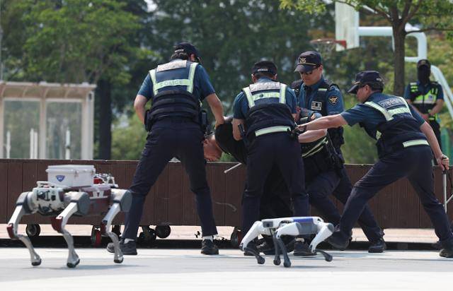 28일 대구 수성구 수성못에서 열린 대구경찰청의 AI드론·로봇을 이용한 디지털 합동 순찰 시연에서 폴리봇이 성범죄 용의자와 대치하는 사이 도주로를 차단한 기동순찰대가 용의자를 제압하고 있다. 연합뉴스