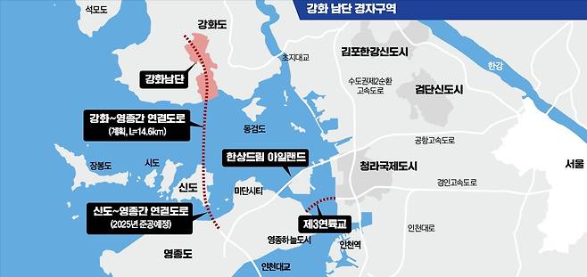 인천시가 추가 지정을 추진하고 있는 강화 남단의 경제자유구역 후보 위치도.  인천시 제공