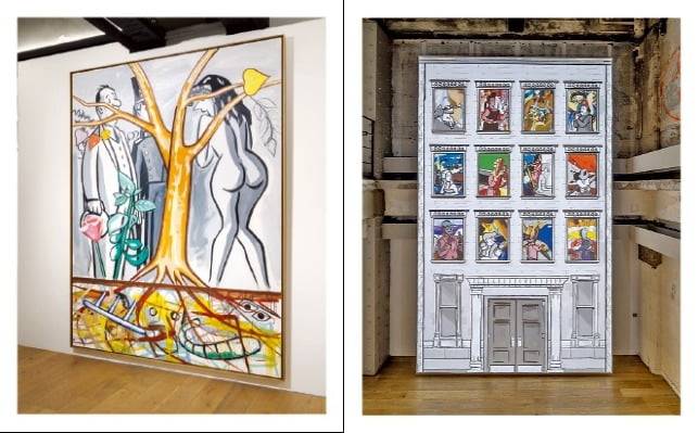 (왼쪽) ‘트리 오브 라이프’ 연작이 걸린 2부 전시 전경. (오른쪽) 애니메이션이 가미된 신작 ‘파티 오브 애니멀스 아파트먼트 하우스’.