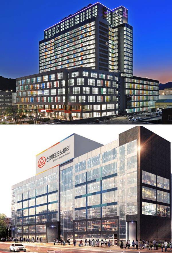신화더플렉스시티(위)와 신화테크노밸리  투시도.  신화철강 제공