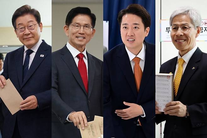 From left: Democratic Party of Korea presidential candidate Rep. Lee Jae-myung, the People Power Party's Kim Moon-soo, the New Reform Party's Rep. Lee Jun-seok and the Democratic Labor Party's Kwon Young-gook cast their votes at polling stations on Thursday. (Yonhap)