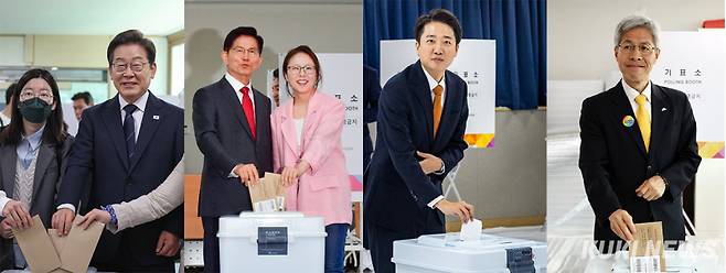 이재명(왼쪽부터) 더불어민주당, 김문수 국민의힘, 이준석 개혁신당, 권영국 민주노동당 대선 후보가 29일 각 투표소에서 사전투표를 하고 있다.