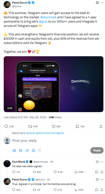 그록 탑재 사실을 알리는 파벨 두로프 텔레그램 최고경영자(CEO)의 X. 일론 머스크가 댓글로 “아직 거래가 체결되지 않았다”는 댓글을 달았다. <X 캡처