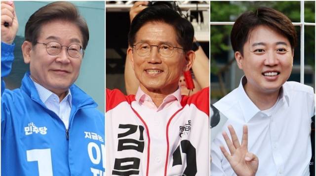 이재명(왼쪽부터) 더불어민주당 대선 후보, 김문수(가운데) 국민의힘 후보, 이준석 개혁신당 후보. 연합뉴스