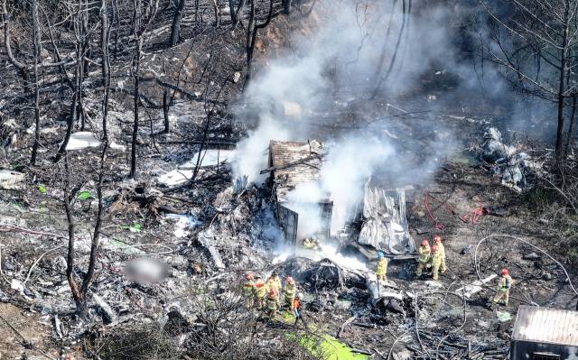 29일 오후 1시 50분께 경북 포항시 남구 동해면 신정리 한 야산에 해군 초계기가 추락한 가운데 군과 소방 당국 등 관계 기관이 현장 수습을 하고 있다. 연합뉴스