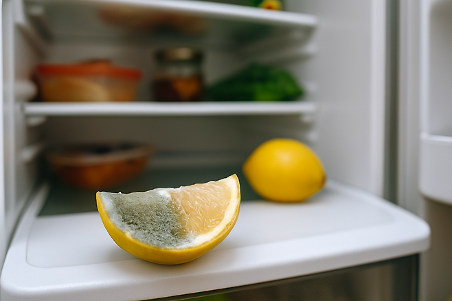 곰팡이가 슬어있는 조각난 레몬이 들어있는 냉장고