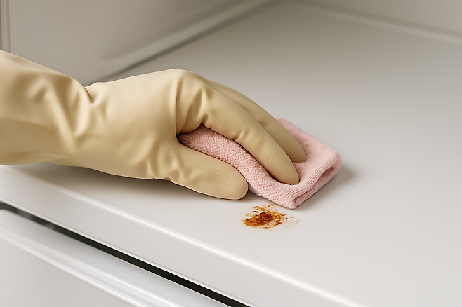 냉장고 얼룩을 행주로 닦고 있는 손