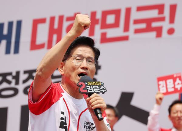 국민의힘 김문수 대선 후보가 30일 경기 이천시산림조합 앞 중리사거리에서 열린 유세에서 지지를 호소하고 있다. 연합
