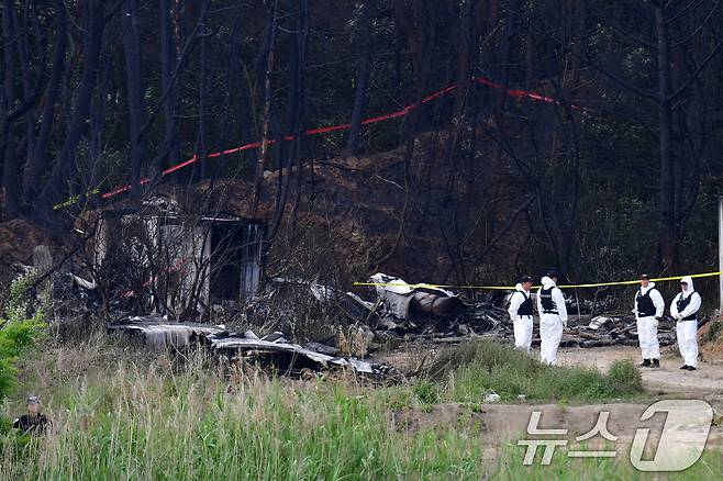 군 항공사고 조사관들이 30일 오전 경북 포항시 남구 동해면 야산에 추락한 해군 대잠 해상초계기 사고 현장 조사를 진행하고 있다. 2025.5.30/뉴스1 ⓒ News1 최창호 기자