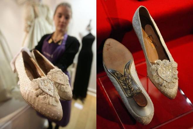 슈메이커 클라이브 실턴(Clive Shilton)이 6개월에 걸쳐 제작한 고 다이애나 왕세자비의 웨딩 슈즈.
