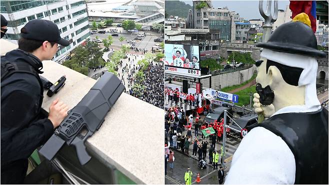 후보자들에 대한 테러위험이 커지자 경찰이 드론 제압용 ‘제밍건’을 옆에 두고 경계하고 있다.(왼쪽 사진·20일 경기 파주) 경찰이 경계근무를 강화한 가운데 한 건물의 옥상에 홍보용 포졸 인형이 서 있다.(16일 경기 수원)