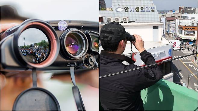 후보들에 대한 안전에 만전을 기하기 위해 경찰 특공대원들이 후보자들 주변에서 망원경으로 주변을 관찰하고 있다.(15일 전남 광양) 선거 운동이 열리기 전 경찰 특공대원이 인근 건물 옥상에서 주변을 관찰하고 있다.(14일 경남 진주)