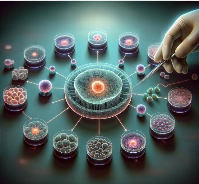 다 자란 세포의 발달 단계를 초기로 되돌려 원하는 세포나 조직으로 다시 키워낼 수 있는 유도만능줄기세포의 원리를 나타낸 생성형 인공지능(AI)의 그림. 그래픽=이재명 기자·달리3