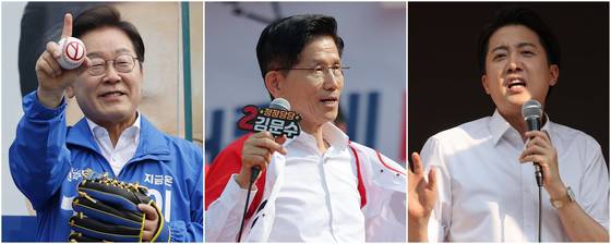 제21대 대통령 선거 사전투표 첫날인 29일 더불어민주당 이재명 대선후보(왼쪽)가 서울 송파구 잠실종합운동장 광장에서, 국민의힘 김문수 대선후보(가운데)가 경기 안산시 안산문화광장에서, 개혁신당 이준석 대선후보가 서울 성북구 안암역 인근에서 지지를 호소하고 있다. 연합뉴스