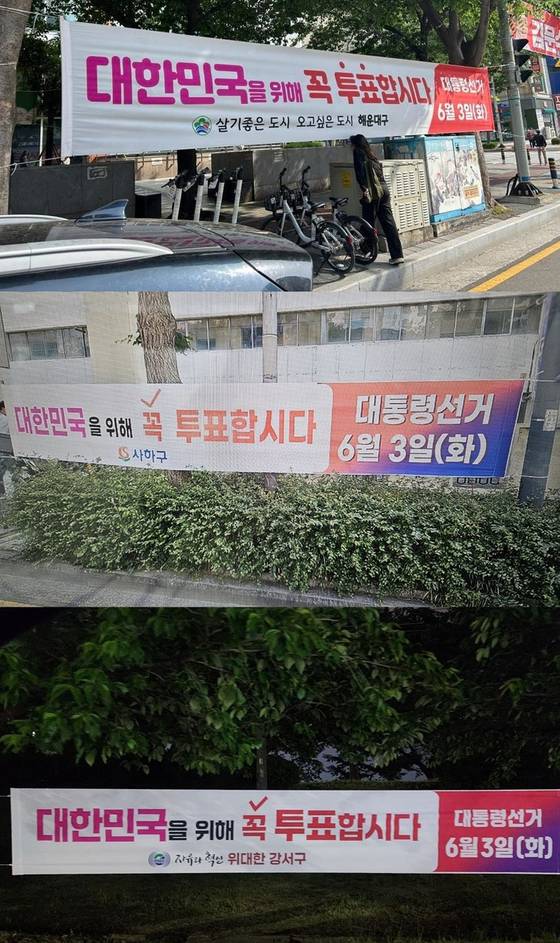 최근 부산 해운대구·사하구·강서구가 게시한 투표 참여 현수막. 사진 연합뉴스