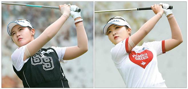 30일 경기 양평 더스타휴에서 열린 KLPGA 투어 Sh수협은행 MBN 여자오픈 1라운드 12번홀에서 박현경(왼쪽)과 이예원이 힘차게 아이언샷을 하고 있다. KLPGA