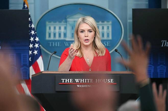 캐롤라인 레빗 백악관 대변인이 29일(현지시간) 백악관 브리핑에서 질문을 받고 있다. [AFP]