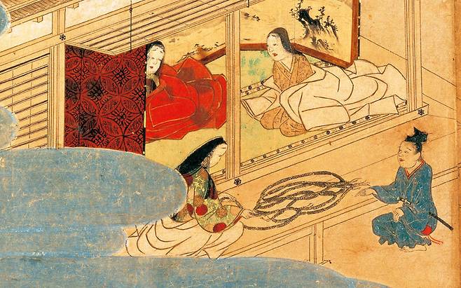 궁핍에 빠져 고리대금업자에게 돈을 빌리는 가마쿠라무사.  [출처 이즈미박물관소장]