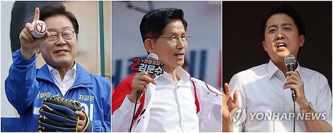 지지 호소하는 이재명·김문수·이준석 (서울=연합뉴스) 황광모 류영석 임화영 기자 = 제21대 대통령 선거 사전투표 첫날인 29일 더불어민주당 이재명 대선후보(사진 왼쪽부터)가 서울 송파구 잠실종합운동장 광장에서, 국민의힘 김문수 대선후보가 경기 안산시 안산문화광장에서, 개혁신당 이준석 대선후보가 서울 성북구 안암역 인근에서 지지를 호소하고 있다. 2025.5.29 photo@yna.co.kr