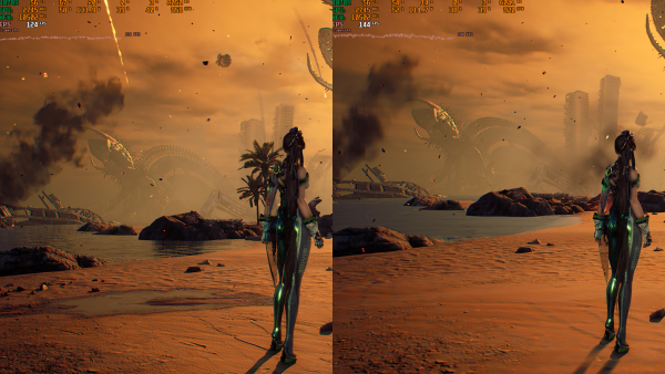 - 그래픽 프리셋 매우 높음(좌)과 낮음(우) 프레임 차이