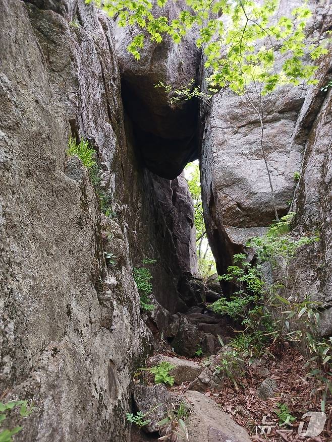 지리산에서 흔히 볼 수 있는 석문. 벽소석문엔 못 미치지만 우람한 모습으로 삼신봉과 세석대피소 사이에 꿋꿋이 자리를 지키고 있다.
