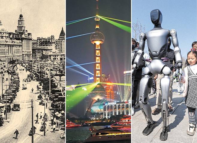 상하이는 변화하는 중국의 모습을 가장 잘 보여주는 도시다. 20세기 초까지 열강의 조계지 건설 각축장이었다가(왼쪽 사진, 1900년대 초 와이탄) 20세기 말 ‘개혁개방 중국’을 상징하는 마천루(가운데, 경제특구인 푸둥지구)의 도시로 성장했고 최근엔 인공지능(AI) 등 첨단 기술의 실험장 역할을 하고 있다. 오른쪽 사진은 최근 상하이 ‘세기공원’에서 관광객을 안내하는 AI 탑재 로봇./게티이미지코리아