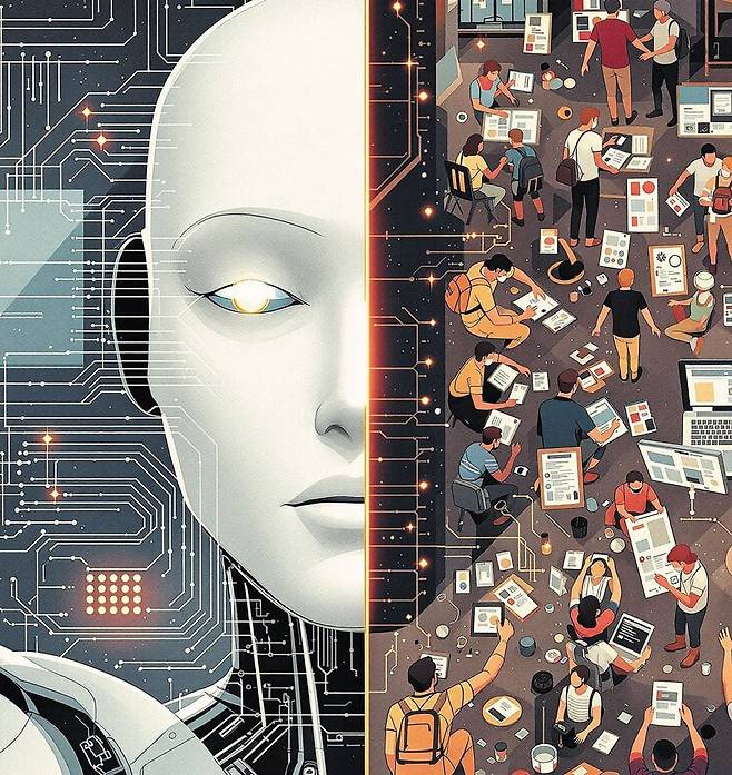 저자들은 "AI는 '자율 기계'가 아니라 인간의 노동을 빼먹는 '추출 기계'"라고 말한다. 사진은 AI Genspark가 'AI는 인간을 먹고 자란다' 서평과 함께 실을 삽화를 그려달라는 요청에 생성한 결과물. /Genspark·곽아람 기자