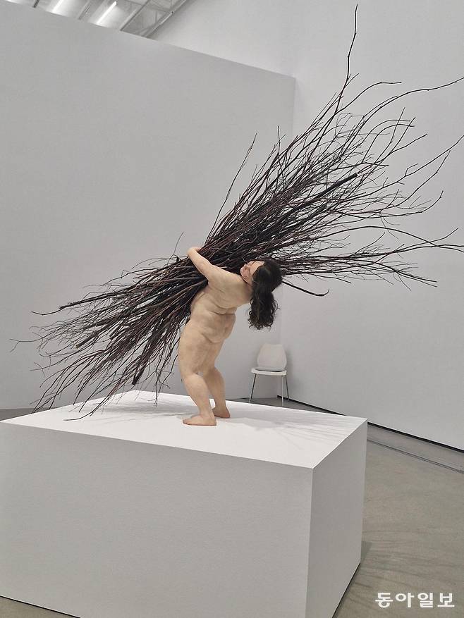 론 뮤익 ‘나뭇가지를 든 여인’(2019)의 뒷모습. 제 몸집보다 큰 나뭇가지를 짊어지느라 안간힘을 쓰고 있는 여자의 모습이다. 이소연 기자 always99@donga.com