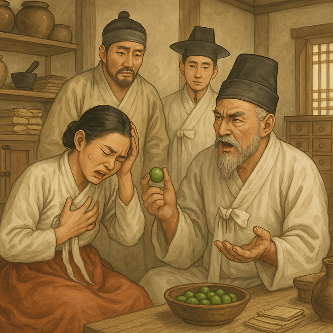 덜 익은 청매(靑梅)에는 아미그달린이라는 독성 물질이 있어서 생으로 먹으면 안된다. 매실은 잘 익은 황매(黃梅)를 먹거나, 약으로 사용할 때는 열을 가하고 연기에 그을려서 오매(烏梅)를 만들거나 소금물에 담갔다가 말린 백매(白梅)를 만들어 사용한다. 챗GPT에 의한 AI생성 이미지.