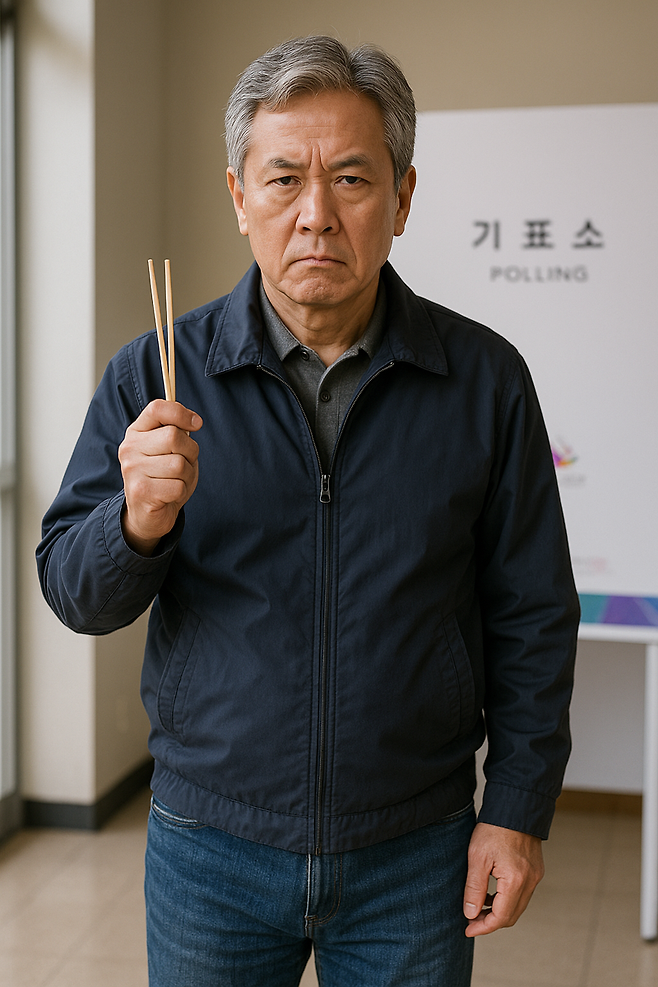 제21대 대통령 선거의 투표소에 '젓가락'을 가져간 60대 남성 유권자의 모습을 챗GPT로 생성한 이미지. /사진=챗GPT