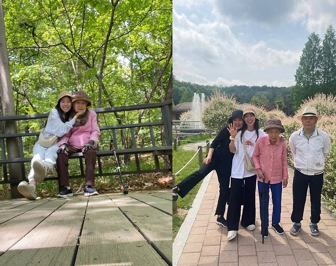 류씨가 지난 21일 경기도 부천시 부천생태식물원에서 할머니와 찍은 사진. 오른쪽은 같은 날 류씨가 가족들과 함께 찍은 사진. 하묵 제공