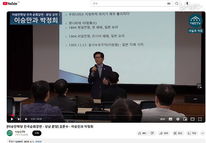 김문수 후보의 ‘이승만과 박정희’ 역사강연(2019.5.1.) 유튜브 화면 캡처.