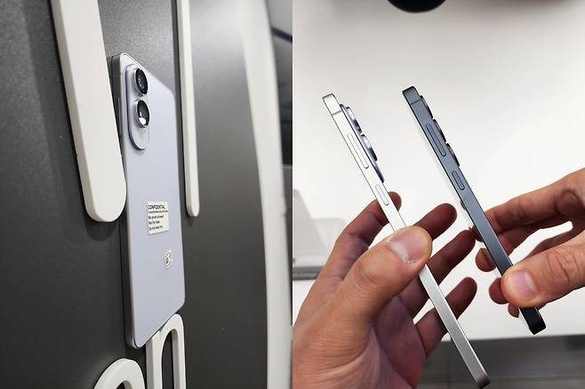 갤럭시 S25 엣지 아이스블루 모델을&nbsp;벽면의 얕은 구조물 위에 걸쳐놓은 모습. 오른쪽 사진은&nbsp;S25 엣지(왼쪽)와 S25 기본형 두께 비교 샷.&nbsp; &nbsp; 이동수 기자