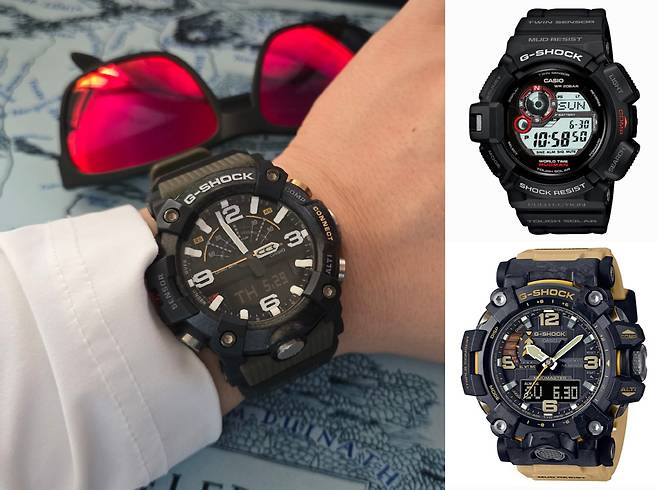 육상 활동에 특화된 지샥의 GG-B100(좌측)과 GWG-2000(우측 하단), 군용 시계로 잘 알려진 GW-9300.