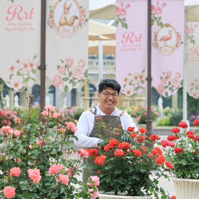 장미축제가 열리고 있는 장미원에서 장미와 함께 있는 하호수 에버랜드 식물콘텐츠그룹 프로. 에버랜드 제공