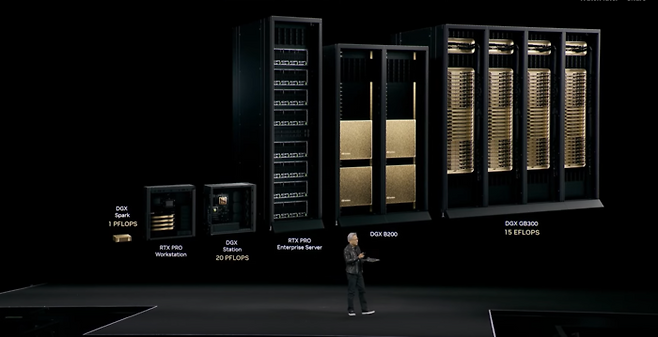 젠슨 황 엔비디아 CEO가 새로운 개인용 AI 슈퍼컴퓨터인 DGX를 소개하고 있다