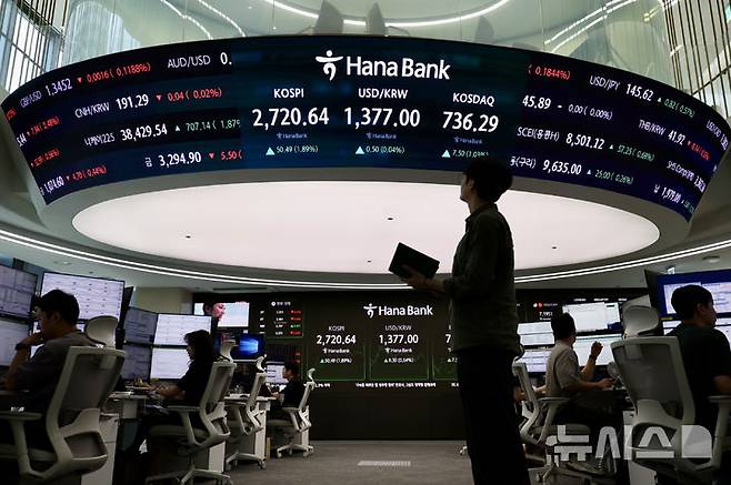 [서울=뉴시스] 김명년 기자 = (기사와 무관한 사진) 지난달 29일 오후 서울 중구 하나은행 딜링룸에서 딜러들이 업무를 보고 있다. 2025.05.29. kmn@newsis.com