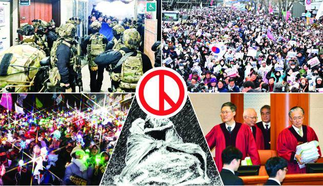 지난겨울 12.3비상계엄부터 숨가쁘게 달려온 6개월. 3일 제21대 대통령선거는내란을 종결하고 정상 국가로 나아가는 분기점이 될 것으로 보인다. 왼쪽 위부터 시계 방향으로 비상계엄 선포 직후 국회에 진입한 계엄군, 탄핵 가결을 외치며 광주 금남로에 모인 5만명의 시민, 헌법재판소 재판관들, 함박눈을 맞으며밤을 지새운 키세스 시위대, 응원봉을 흔들며 탄핵 시위를 벌이는 시민./나명주기자mina@kwangju.co.kr·연합뉴스