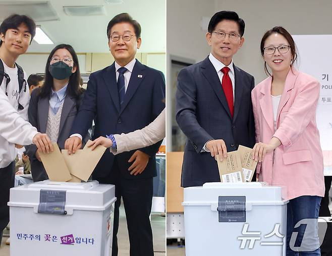 이재명 더불어민주당 대통령 후보가 제21대 대통령선거 사전투표 첫날인 29일 오전 서울 서대문구 구 신촌동주민센터에서 청년들과 사전투표를 하고 있다. 오른쪽은 인천 계양1동 주민센터에서 딸 동주 씨와 투표하는 김문수 국민의힘 후보. 2025.5.29/뉴스1 ⓒ News1 안은나 기자,김민지 기자