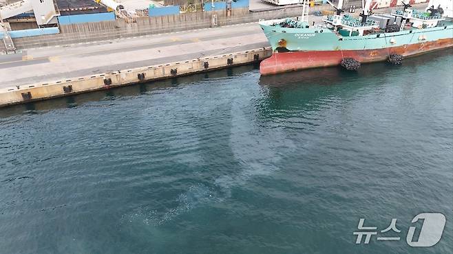 5월 31일 오후 부산 감천항 인근 해상에서 바누아투 국적 500t급 원양어선에서 연료유 약 5ℓ가 흘러나오고 있다.(부산해경 제공. 재판매 및 DB 금지)