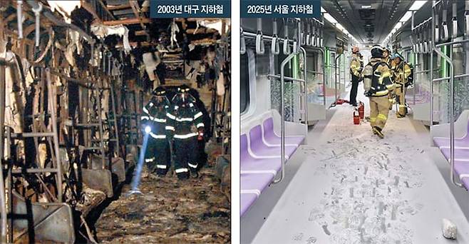 지난달 31일 오전 서울 지하철 5호선 열차에서 화재 사고가 발생했다. 2003년 ‘대구 지하철 참사’처럼 방화가 원인이었지만 사고 후 모습은 완전히 달랐다. 왼쪽 사진은 대구 참사 직후 열차 내부의 모습. 철제 뼈대만 남고 전소했다. 반면에 지하철 5호선 열차(오른쪽 사진)는 거의 불타지 않았다. 대구 참사 이후 객실 내부를 불에 잘 타지 않는 소재로 바꿔 불이 번지지 않았다. 기관사와 승객들 대응도 빨랐다. /특별취재팀·영등포소방서