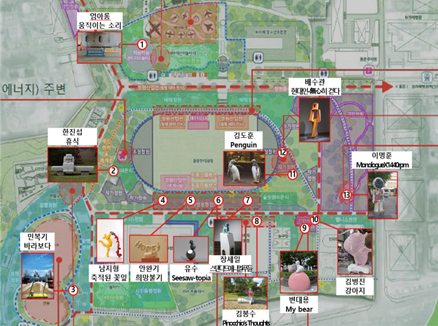 보라매공원에서 열리는 민간협력전시에 선보이는 13점의 작품들과 배치도. 서울시 제공