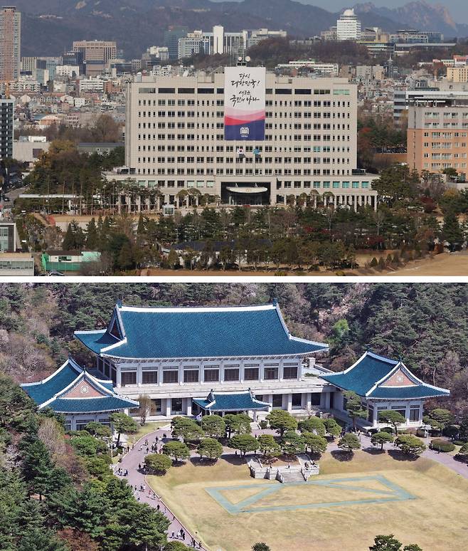 6·3 대선을 앞두고 주요 후보들이 기존 용산 대통령실(위쪽 사진) 사용 여부에서 입장 차를 보였다. 더불어민주당 이재명 후보는 용산 대통령실을 사용한 뒤 청와대(아래쪽 사진)를 보수해 옮기겠다는 계획이다. 국민의힘 김문수 후보는 용산 대통령실을 그대로 쓰겠다고 했고, 개혁신당 이준석 후보는 서울 종로구 정부서울청사를 집무실로 쓰면서 세종 대통령 집무실 건립에 착수하겠다고 했다. 대통령실사진기자단·뉴스1