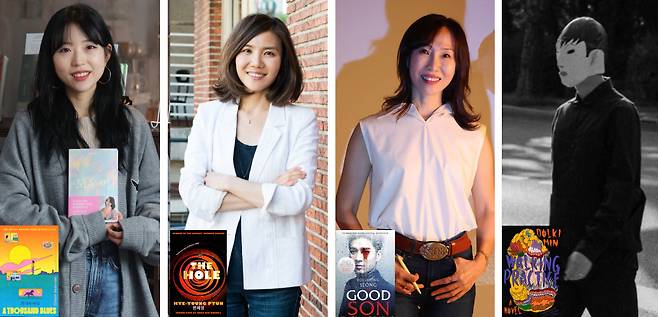 최근 한국 문학 작품은 영화화 판권이 할리우드 등에 잇달아 판매되는 등 해외 출판사뿐 아니라 영화사들이 주목하는 원천 소스로 거듭나고 있다. 왼쪽 사진부터 천선란 작가와 번역 출간된 ‘천 개의 파랑’, 편혜영 작가와 ‘홀’, 정유정 작가와 ‘종의 기원’, 돌기민(필명) 작가와 ‘보행 연습’. 돌기민 작가는 얼굴을 공개하지 않아 왔다. 동아일보DB·사진 출처 작가 인스타그램