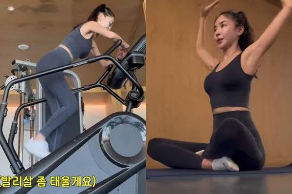 스텝밀로 운동하고 스트레칭을 하는 김윤지 모습./사진=유튜브 채널 ‘ns윤지’